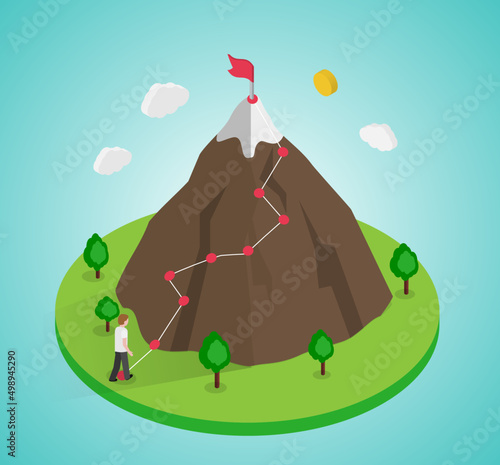 Goal achievement concept. 3d isometric road to target on the mountain top vector illustration. Success and career growth. Climb to the peak of mountain