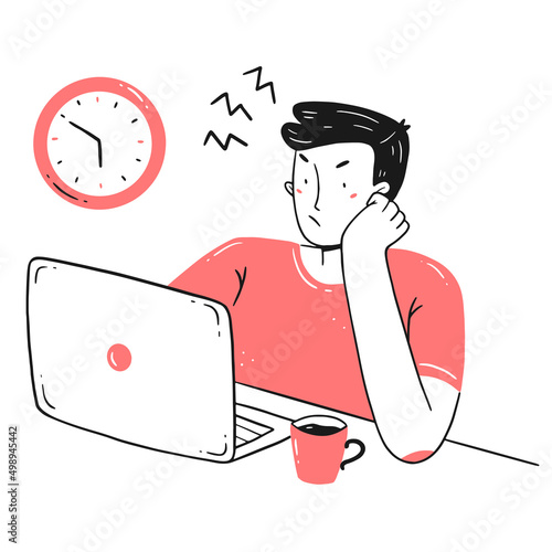 Frustration at work. An agitated, irritated, exhausted young man does not have time for the deadline in line style. Vector concept illustration.