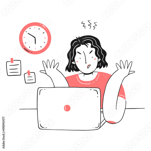 Frustration at work. Professional burnout syndrome. An irritated, exhausted girl does not have time for the deadline in line style. Vector concept illustration.