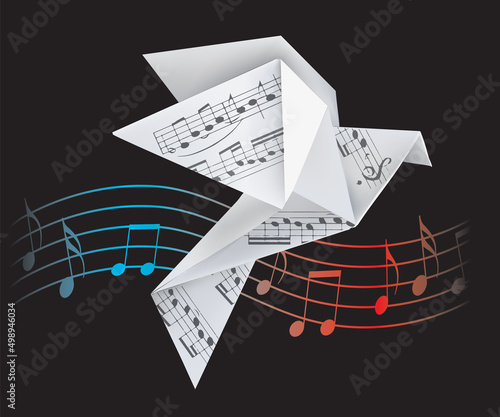 
Origami doves with musical notes.
Stylized illustration of paper pigeons and wave with musical notes on black background. Poetic musical motif. Vector available.
