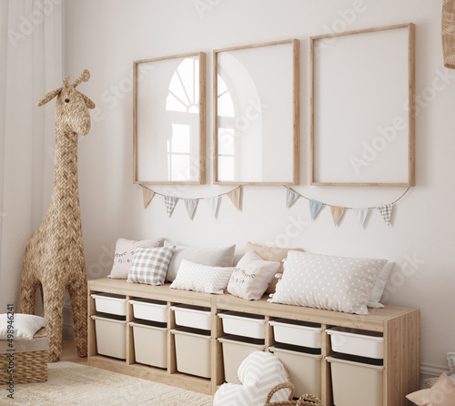 Mock up frame in children room with natural wooden furniture, Farmhouse style interior background, 3D render photo