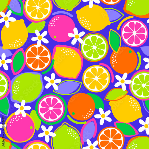Cute colorful hand drawn citrus fruits and flowers seamless pattern background.