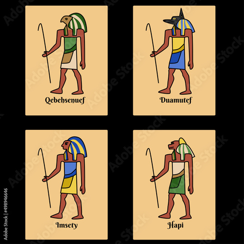 Ancient Egypt cards set, god Horus sons stylized images and names script. Four gods jackal, falcon, man, cynocephalus. Canopic jars guardians vector illustration