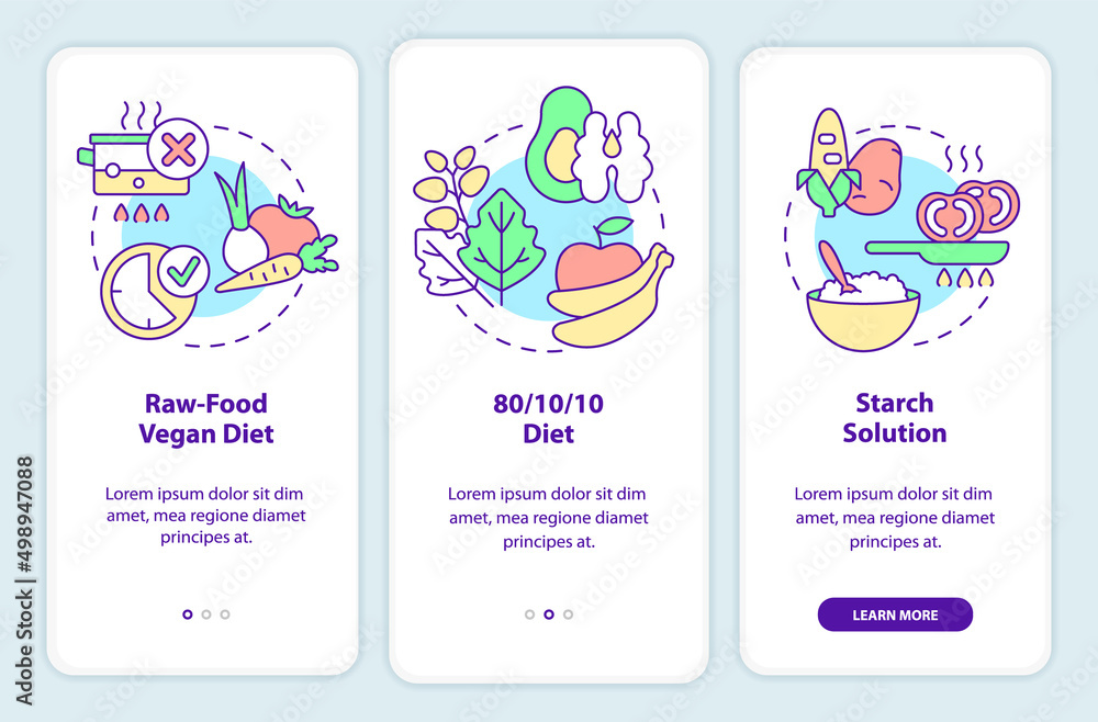 Varieties of vegan diet onboarding mobile app screen. Walkthrough 3 steps graphic instructions pages with linear concepts. UI, UX, GUI template. Myriad Pro-Bold, Regular fonts used