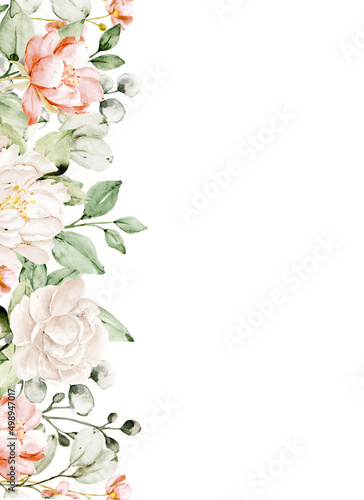 Watercolor flowers, floral frame border for greeting card, invitation and other printing design. Isolated on white. Hand drawing. © Larisa