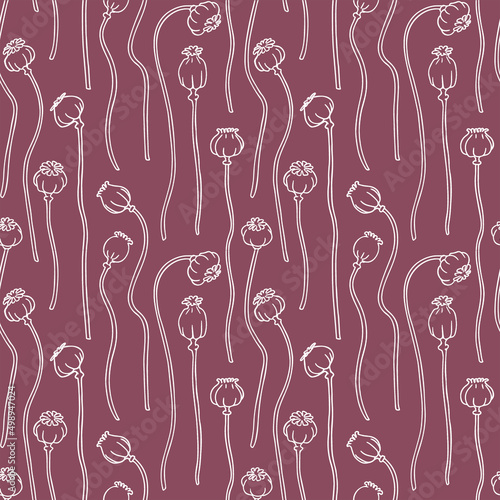 Seamless pattern witn hand drawn poppies seed heads dried. White contour on hawtorn rose background. Perfect ornament for any surface print like fabric or wrapping paper.