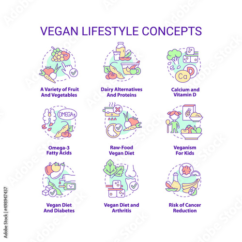 Vegan lifestyle concept icons set. Plant based nutrition. Abstain animal product idea thin line color illustrations. Isolated symbols. Editable stroke. Roboto-Medium, Myriad Pro-Bold fonts used