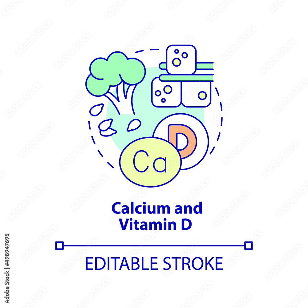 Calcium and vitamin D concept icon. Green vegetables and tofu. Source