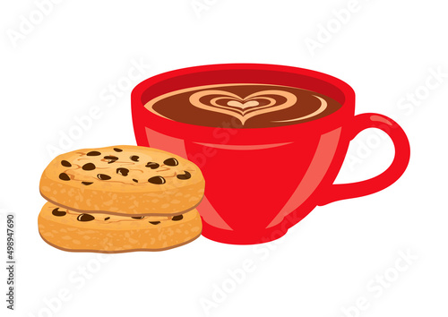 Cup of hot coffee and cookies icon set vector. Red mug with coffee and chocolate chip cookies icon vector isolated on a white background. Cup of cappuccino with heart shape and biscuits design element