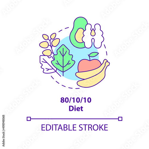Low fat raw vegan diet concept icon. 80, 10, 10 dieting. Variety of vegan diet abstract idea thin line illustration. Isolated outline drawing. Editable stroke. Arial, Myriad Pro-Bold fonts used