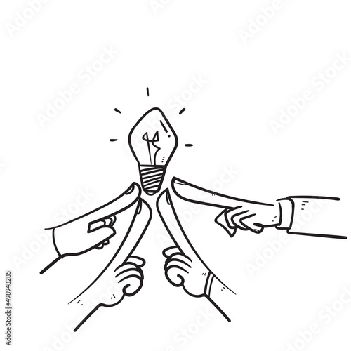 hand drawn doodle hand holding bulb together symbol for team brainstorm icon illustration