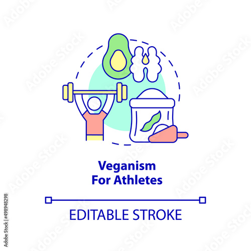 Veganism for athletes concept icon. Diet plan for sportsmen. Vegan lifestyle abstract idea thin line illustration. Isolated outline drawing. Editable stroke. Arial, Myriad Pro-Bold fonts used