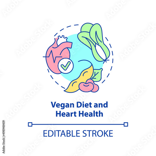 Vegan diet and heart health concept icon. Prevent heart stroke. Veganism and illness abstract idea thin line illustration. Isolated outline drawing. Editable stroke. Arial, Myriad Pro-Bold fonts used