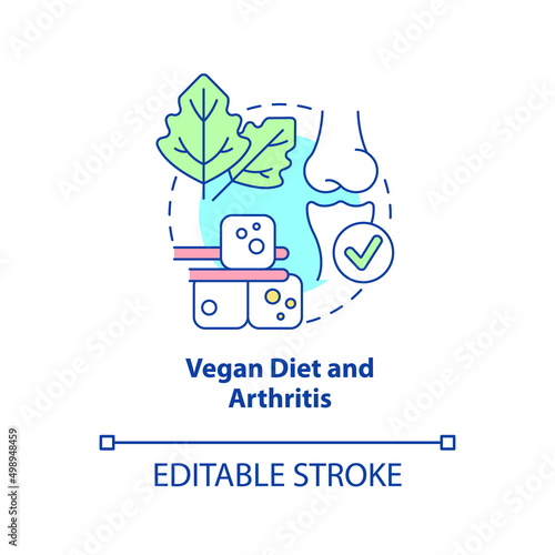 Vegan diet and arthritis concept icon. Reduce pain. Veganism and illness abstract idea thin line illustration. Isolated outline drawing. Editable stroke. Arial, Myriad Pro-Bold fonts used