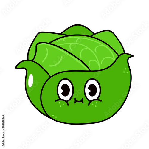 Cute funny cabbage waving hand character. Vector hand drawn traditional cartoon vintage  retro  kawaii character illustration icon. Isolated on white background. Happy cabbage character concept