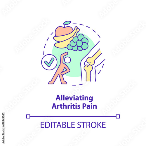 Alleviating arthritis pain concept icon. Relieve symptoms. Benefit of vegan diet abstract idea thin line illustration. Isolated outline drawing. Editable stroke. Arial, Myriad Pro-Bold fonts used