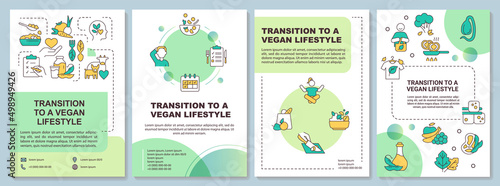 Transition to vegan lifestyle green brochure template. Plant based diet. Leaflet design with linear icons. 4 vector layouts for presentation, annual reports. Arial-Black, Myriad Pro-Regular fonts used