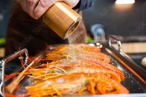 Close-up. Grilled tiger prawns. Salted before grilling.