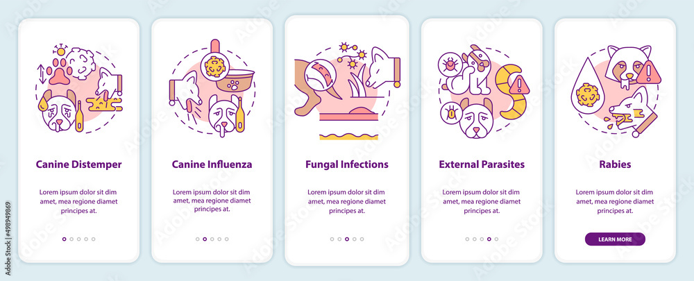Disease risks for dogs onboarding mobile app screen. Canine distemper walkthrough 5 steps graphic instructions pages with linear concepts. UI, UX, GUI template. Myriad Pro-Bold, Regular fonts used