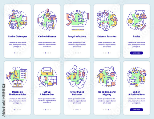 Support dog wellness onboarding mobile app screen set. Disease prevention walkthrough 5 steps graphic instructions pages with linear concepts. UI, UX, GUI template. Myriad Pro-Bold, Regular fonts used