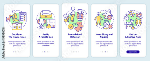 Training dog tips onboarding mobile app screen. Decide on house rules walkthrough 5 steps graphic instructions pages with linear concepts. UI, UX, GUI template. Myriad Pro-Bold, Regular fonts used