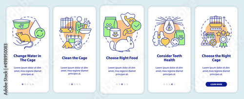 Taking care of rodents onboarding mobile app screen. Clean cage walkthrough 5 steps graphic instructions pages with linear concepts. UI, UX, GUI template. Myriad Pro-Bold, Regular fonts used