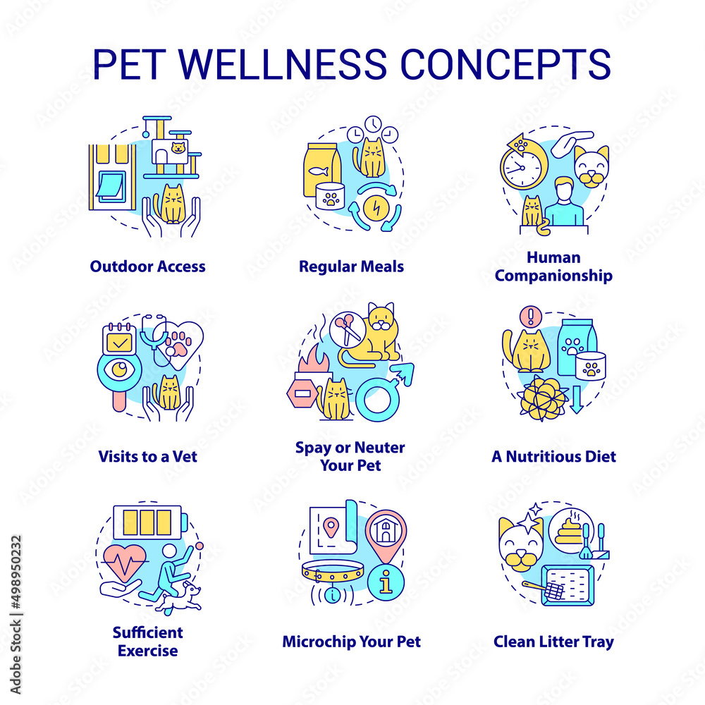 Pet wellness concept icons set. Feline and canine wellbeing idea thin line color illustrations. Human companionship. Isolated symbols. Editable stroke. Roboto-Medium, Myriad Pro-Bold fonts used