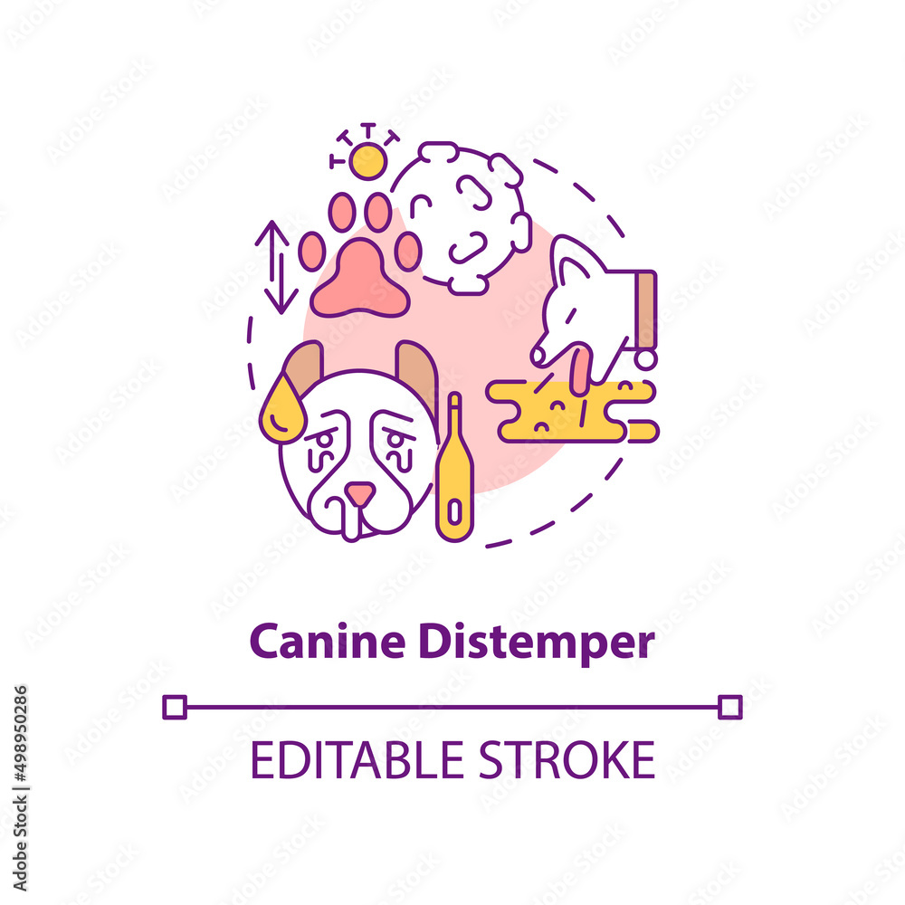Canine distemper concept icon. Disease risk for dogs abstract idea thin line illustration. Contagious virus of animals. Isolated outline drawing. Editable stroke. Arial, Myriad Pro-Bold fonts used Canine distemper concept icon. Disease risk for dogs abstract idea thin line illustration. Contagious virus of animals. Isolated outline drawing. Editable stroke. Arial, Myriad Pro-Bold fonts used
