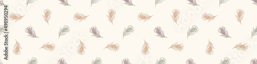Calm newborn baby minimal foliage seamless border pattern. Gender neutral scandi style sketch endless background ribbon tape. Trendy bordur edging. 