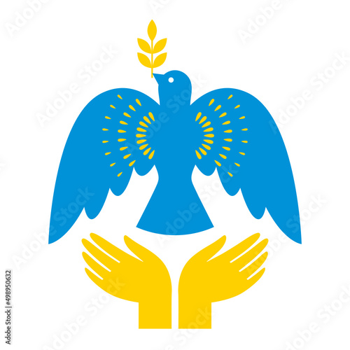 Dove of peace concept . Bird with olive branch and hands . Ukraine flag colors
