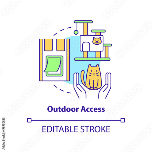 Outdoor access concept icon. Bringing new cat home tip abstract idea thin line illustration. Promoting natural behavior. Isolated outline drawing. Editable stroke. Arial, Myriad Pro-Bold fonts used