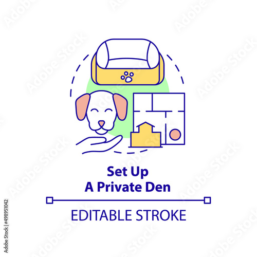 Set up private den concept icon. Obedience training for dog abstract idea thin line illustration. Safe, comfortable place. Isolated outline drawing. Editable stroke. Arial, Myriad Pro-Bold fonts used