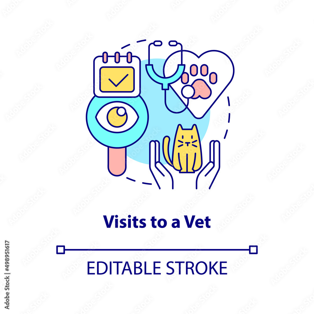 Visits to vet concept icon. Pet wellness tip abstract idea thin line illustration. Routine veterinary clinic visit. Isolated outline drawing. Editable stroke. Arial, Myriad Pro-Bold fonts used Visits to vet concept icon. Pet wellness tip abstract idea thin line illustration. Routine veterinary clinic visit. Isolated outline drawing. Editable stroke. Arial, Myriad Pro-Bold fonts used