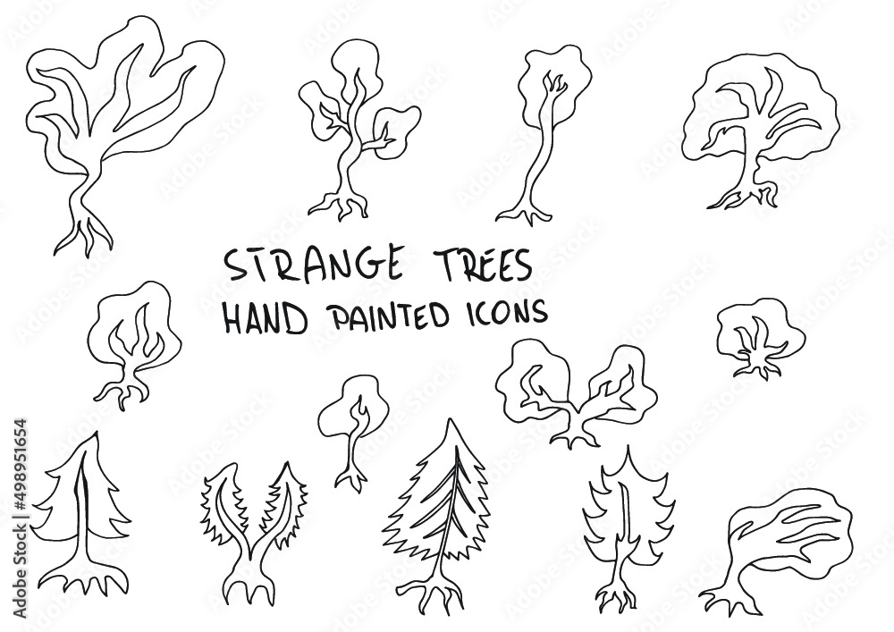 Strange trees hand painted doodles, icons.
Strange trees hand painted doodles, icons.
