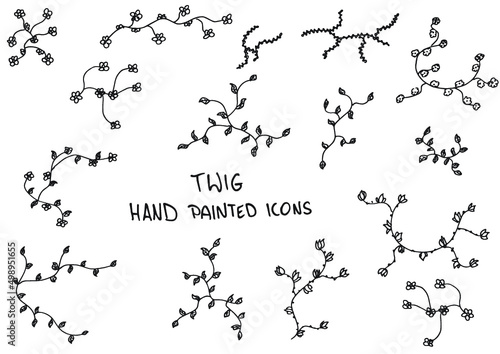 Twig, branches hand painted doodles, icons. Twig, petal, clover.