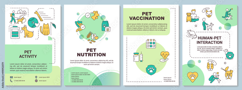 Proper pet care routine green brochure template. Human-pet interaction. Leaflet design with linear icons. 4 vector layouts for presentation, annual reports. Arial-Bold, Myriad Pro-Regular fonts used