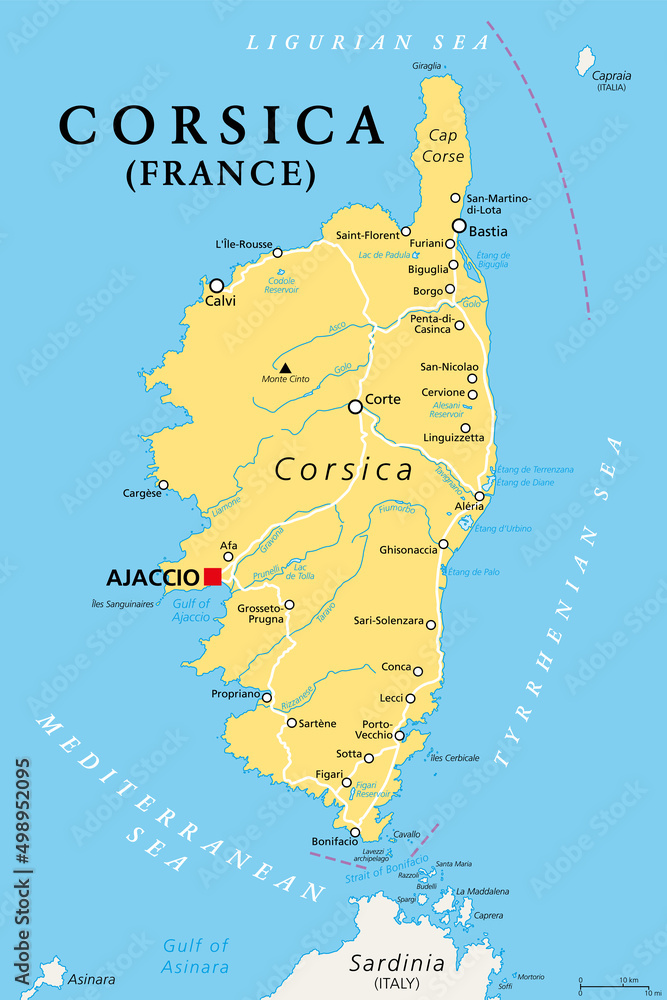 Corsica, political map, French island with capital Ajaccio. Island in
