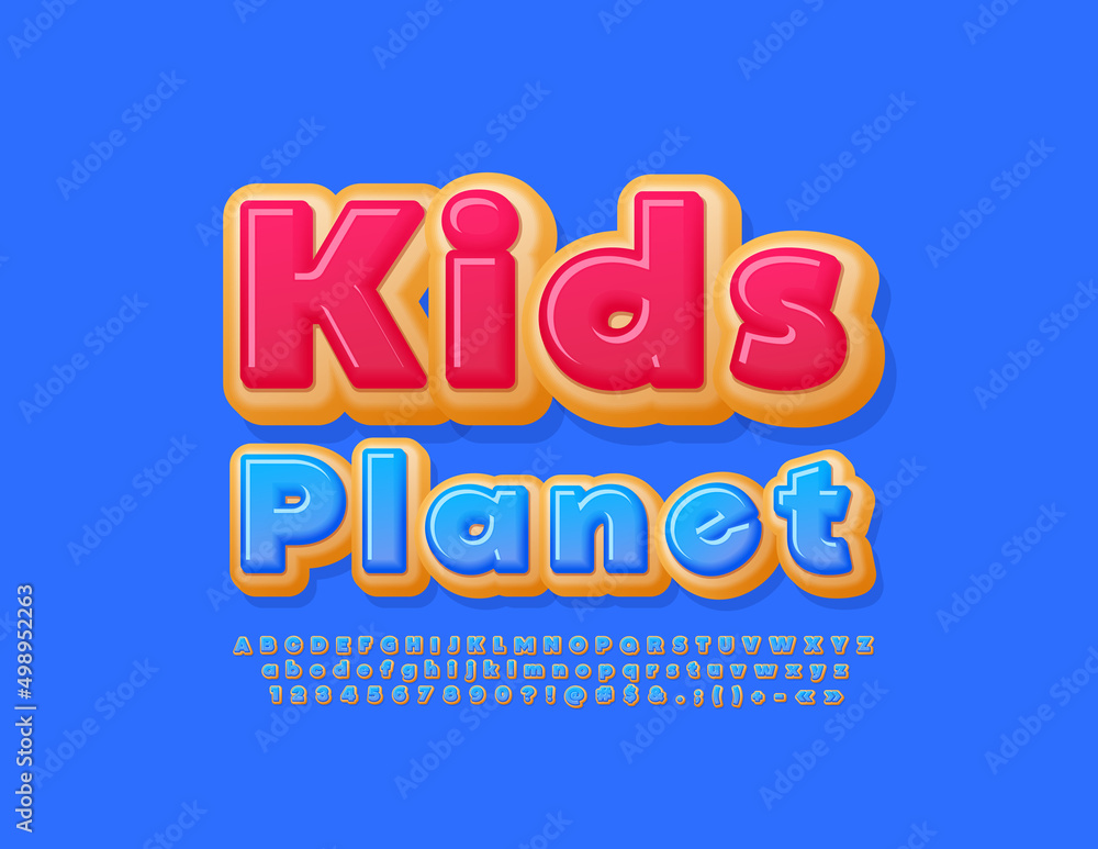 Vector sweet banner Kids Planet with Blue glazed Font. Donut style Alphabet Letters, Numbers and Symbols set