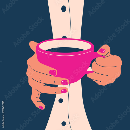 Women's hands holding a cup of coffee. flat modern vector illustration