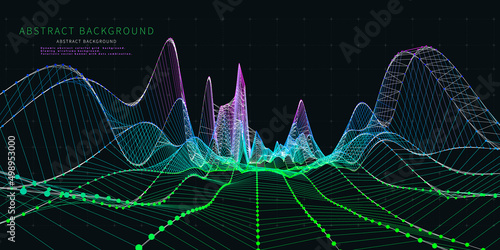 Abstract  background with wireframe technology color grid on black.  Visual 3d presentation of analysis research. Big Data. Banner for business, science and technology.