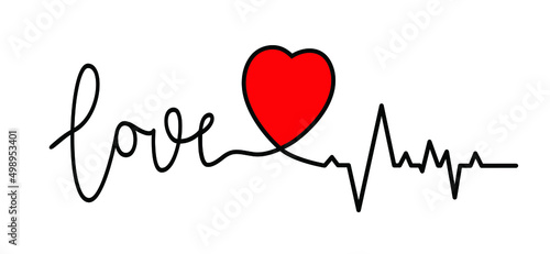 Cartoon red heartbeat pulse wave with heart love symbol. Heart beat medical healthcare icon or logo. Vector cardiogram waves pictogram. Heart rhythm line pattern. Medical healthcare graphic.