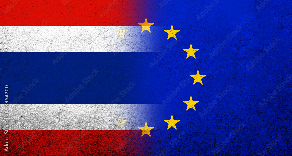 Flag of the European Union with The Kingdom of Thailand National flag. Grunge background