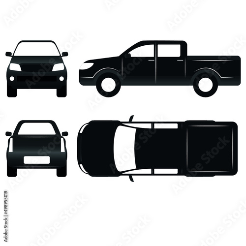 Pickup truck with four corners. Driverless car, side view, rear view, front view, top view.
