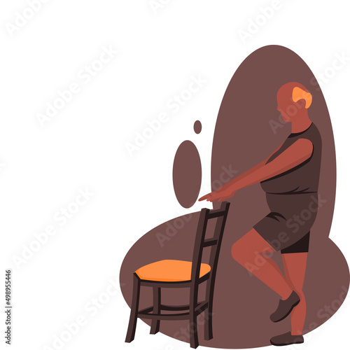 Side view of bald elderly man wearing sportswear is standing on chair to exercise.Old fat man Stand with right leg raised, left leg raised, hands and arms straight, holding a chair on brown background