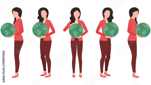 Woman holding globe in hand, character vector drawn from multiple angles.