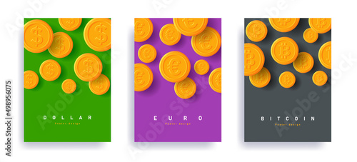 Set of leaflets templates with coins falling down of different currency, euro dollar and bitcoin. Vector illustration flyer