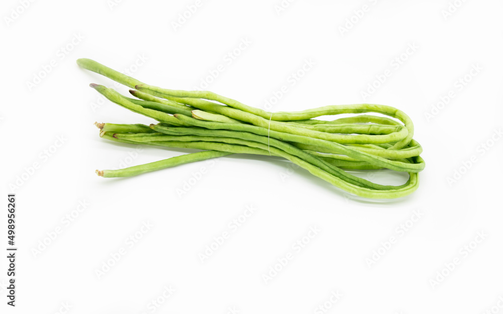 Heap of fresh yardlong beans (Asparagus bean) on shelf at a fresh market Heap of fresh yardlong beans (Asparagus bean) on shelf at a fresh market