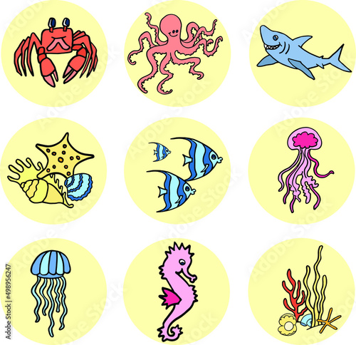 Colorfull cute sea animals stickers for kids with fanny red crab, octopus, blue shark and other underwater inhabitants.