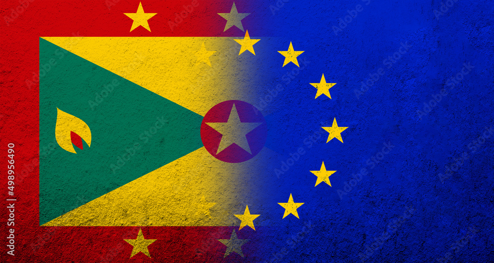 Flag of the European Union with National flag of Grenada. Grunge background