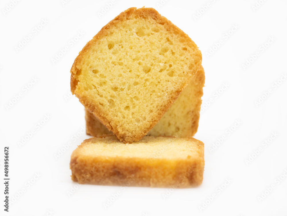 pound cake slices isolate on white background, selective focus